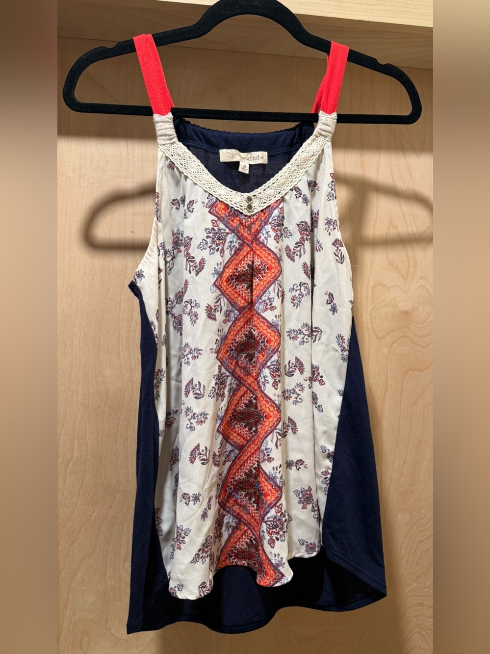 Rewind Navy Top with Cream Crochet Trim Size Medium